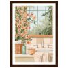 Lavabo con flores y objetos decorativos en estilo acuarela, interior de baño con vista a jardín natural.