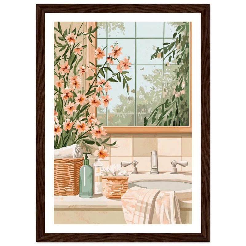 Lavabo con flores y objetos decorativos en estilo acuarela, interior de baño con vista a jardín natural.