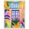 Ventana tropical con plantas coloridas y ventana azul, obra de arte digital en estilo moderno.