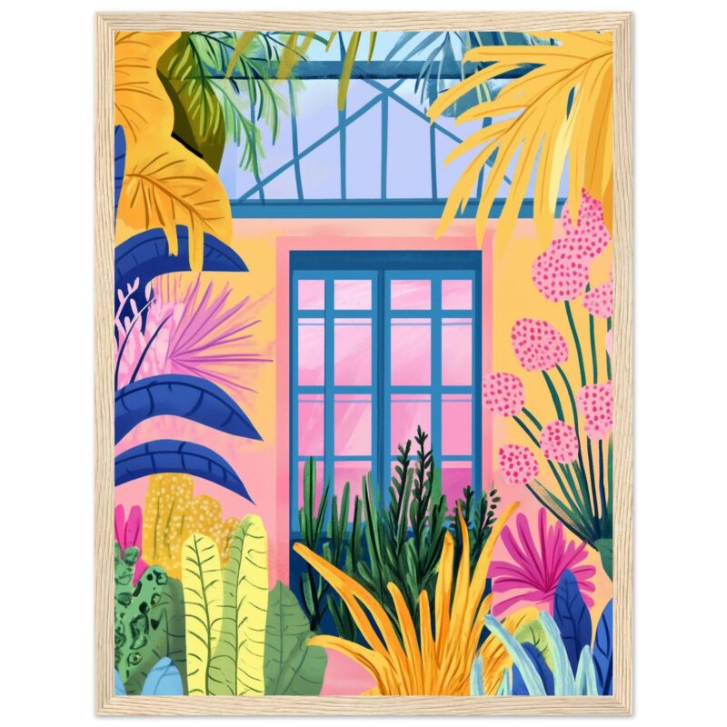 Ventana tropical con plantas coloridas y ventana azul, obra de arte digital en estilo moderno.