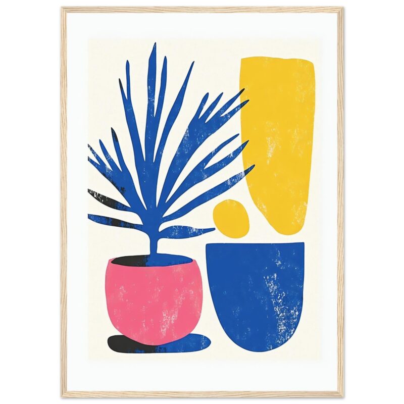 Vaso con plantas de arte moderno, ilustración colorida y abstracta para decoración interior.