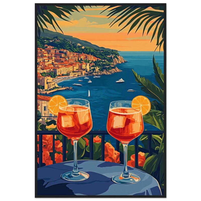 Brindis con vistas panorámicas del mar y pueblo en Costa Amalfitana.