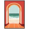Ventana con vista al mar, ilustración moderna y colorida, estilo minimalista con paisaje oceánico.