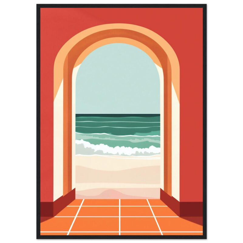 Ventana con vista al mar, ilustración moderna y colorida, estilo minimalista con paisaje oceánico.