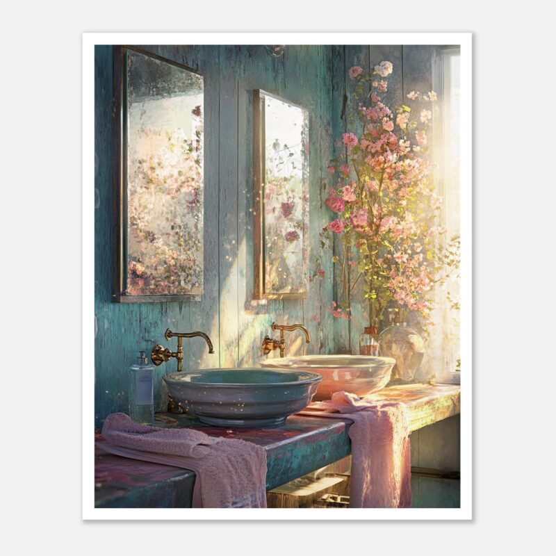 RETRATO DE UN BAÑO CON ESPEJOS Y FLORES ROSADAS, ILUMINADO POR LA LUZ SOLAR.