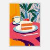 Dibujo digital de una tarta con frutas, taza y fondo colorido, estilo ilustración moderna.