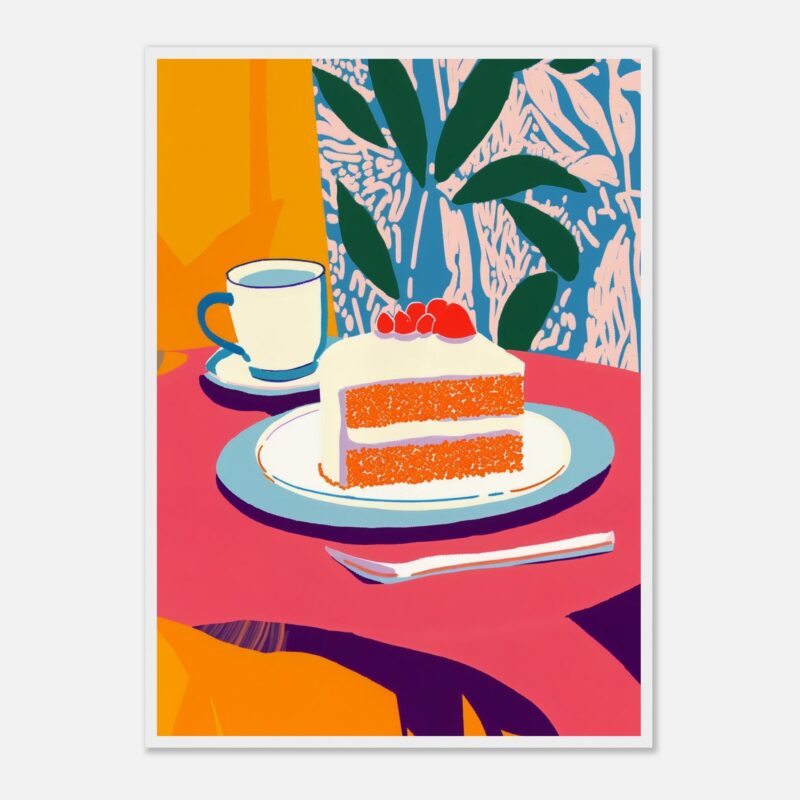 Dibujo digital de una tarta con frutas, taza y fondo colorido, estilo ilustración moderna.