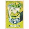 Refresco mojito con limón, hierbabuena y hielo en vaso de dibujo artístico.