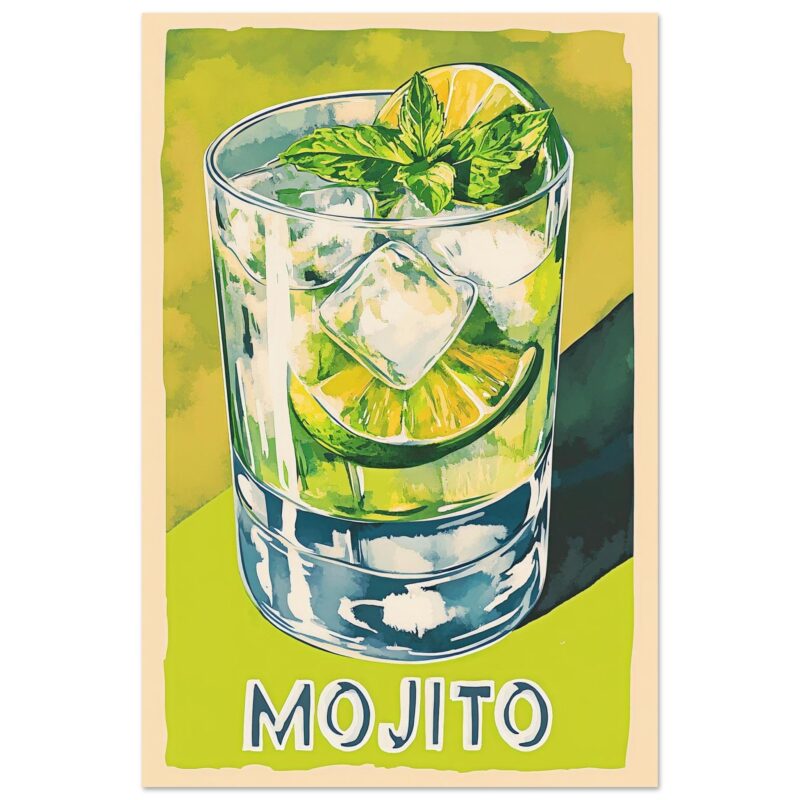 Refresco mojito con limón, hierbabuena y hielo en vaso de dibujo artístico.
