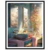 Luces y reflejos en un baño con espejos y flores en la ventana, decoración artística de Digiart Studio.
