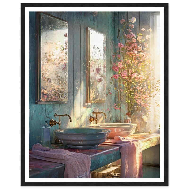 Luces y reflejos en un baño con espejos y flores en la ventana, decoración artística de Digiart Studio.