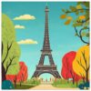Torre Eiffel en ilustración colorida con árboles otoñales en primer plano.