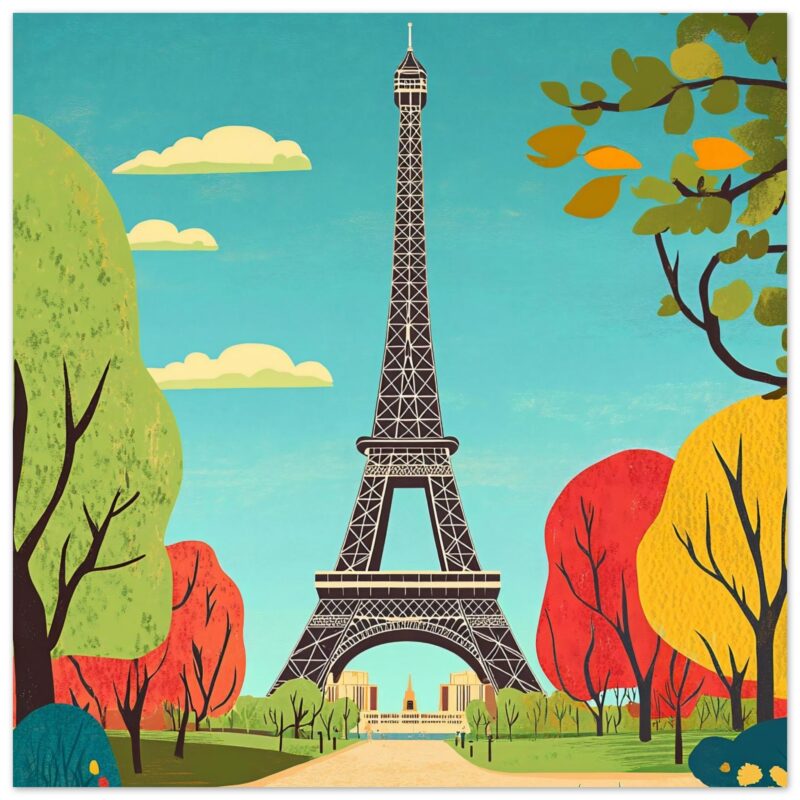 Torre Eiffel en ilustración colorida con árboles otoñales en primer plano.