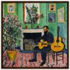 Guitarrista tocando en un interior con estilo pintoresco, rodeado de plantas y arte en las paredes, en un ambiente creativo y artístico.