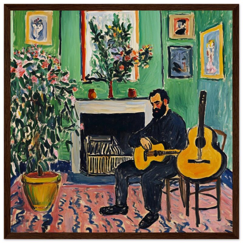 Guitarrista tocando en un interior con estilo pintoresco, rodeado de plantas y arte en las paredes, en un ambiente creativo y artístico.