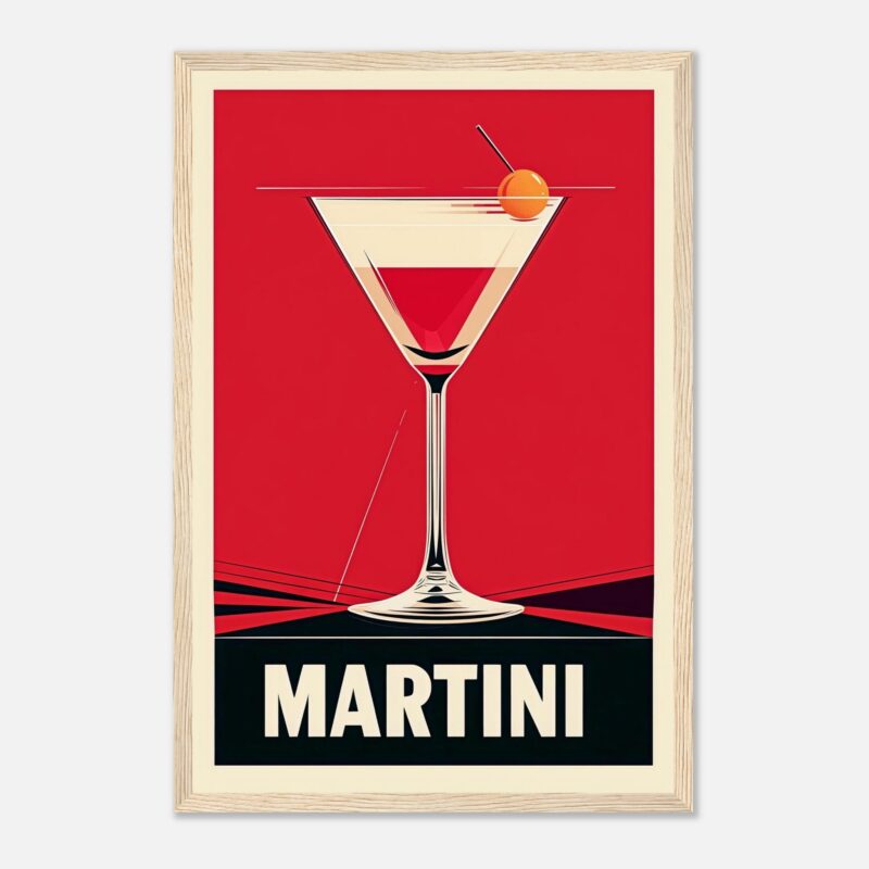 Cóctel Martini con ilustración moderna y elegante en fondo rojo, ideal para decoración y promoción de bebidas.