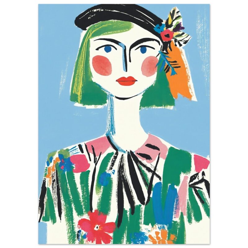 Dibujo de retrato femenino en estilo abstracto, arte digital colorido y vibrante, ilustración moderna y artística para decoración creativa.