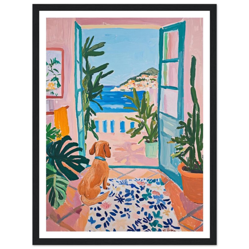 Puerta abierta con vista al mar y plantas, pintura moderna, arte colorido y vibrante.