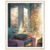 Lavabo vintage en interior con paredes de madera azul y grandes ventanas con reflejos florales.