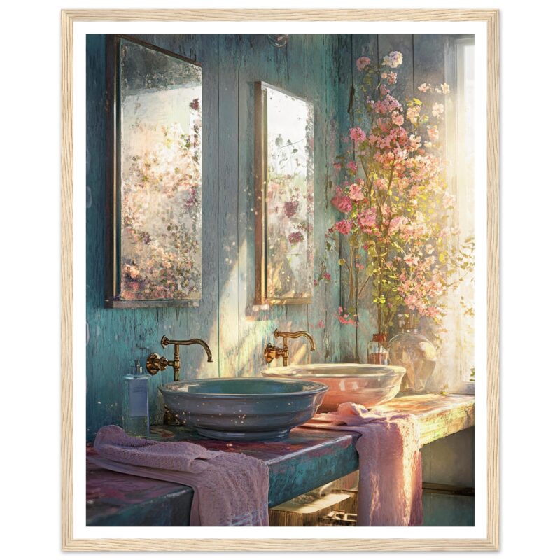 Lavabo vintage en interior con paredes de madera azul y grandes ventanas con reflejos florales.