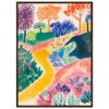Colorido dibujo de paisaje con árboles, sendero y vegetación en estilo artístico infantil.