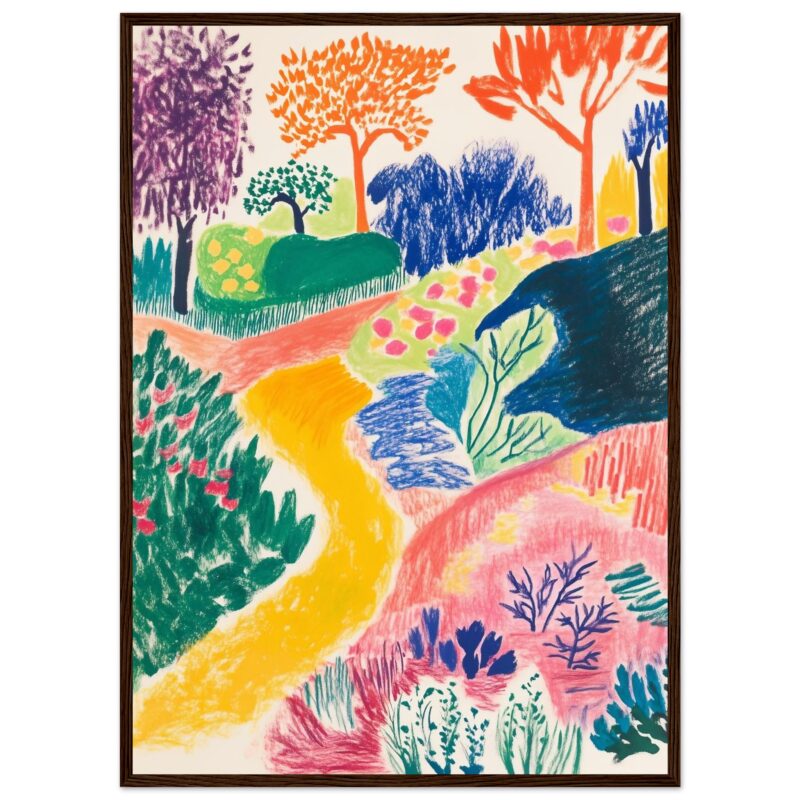 Colorido dibujo de paisaje con árboles, sendero y vegetación en estilo artístico infantil.