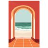 Puerta con vista al mar, illustration digital de playa y olas en fondo azul claro.