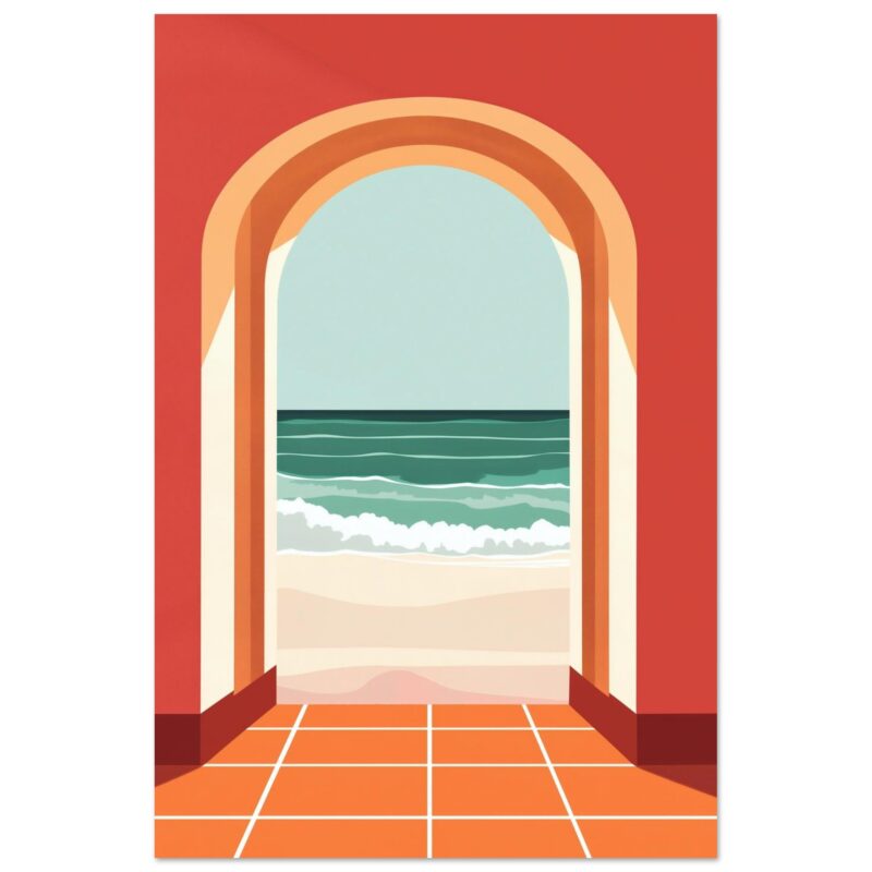 Puerta con vista al mar, illustration digital de playa y olas en fondo azul claro.