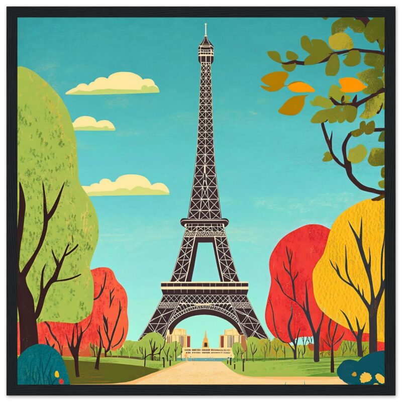 Torre Eiffel en ilustración moderna con árboles otoñales, cielo azul y nubes, arte digital de Digiart Studio.