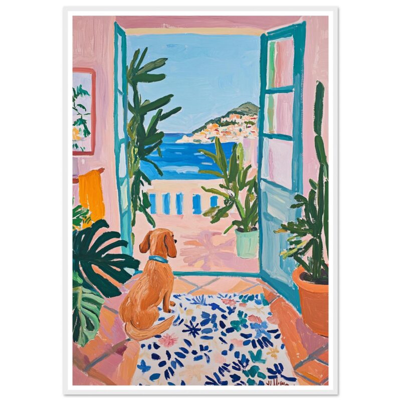 Perro mirando hacia el mar desde una terraza con plantas en un estilo pictórico vibrante.