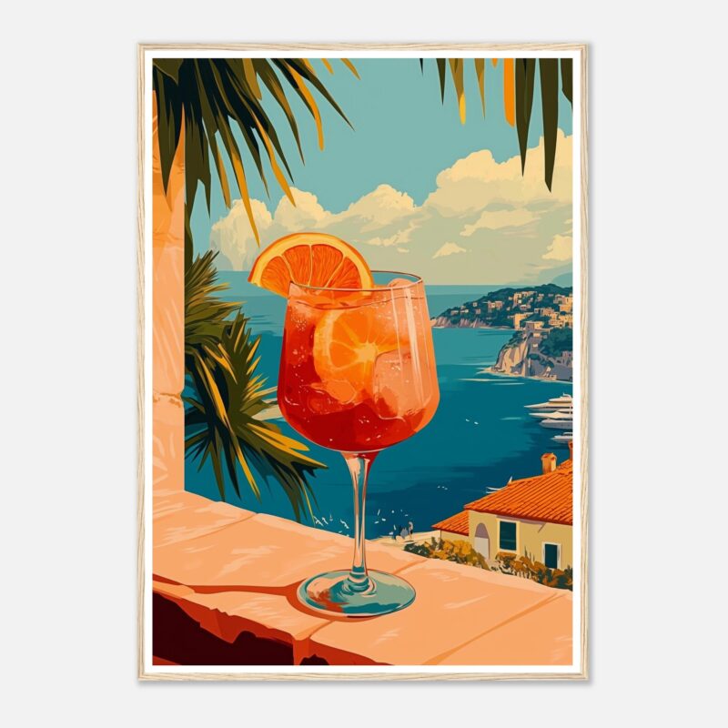 Refresco con naranja en vista panorámica de mar y costa desde balcón tropical.