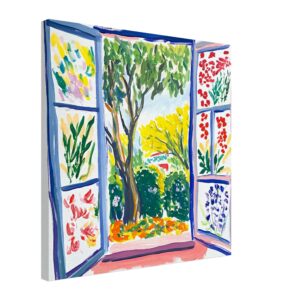 Ventana con vista a un jardín pintado en estilo impresionista.