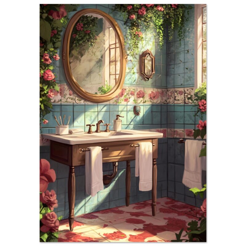 4b9d3349-c6dd-4020-83a2-b06e47bc2ecf.jpg Banco de imágenes rústico con espejo, flores y luz natural en baño vintage.