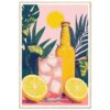 Cerveza con limón y hielo en un vaso, fondo tropical y sol amarillo, arte digital moderno.