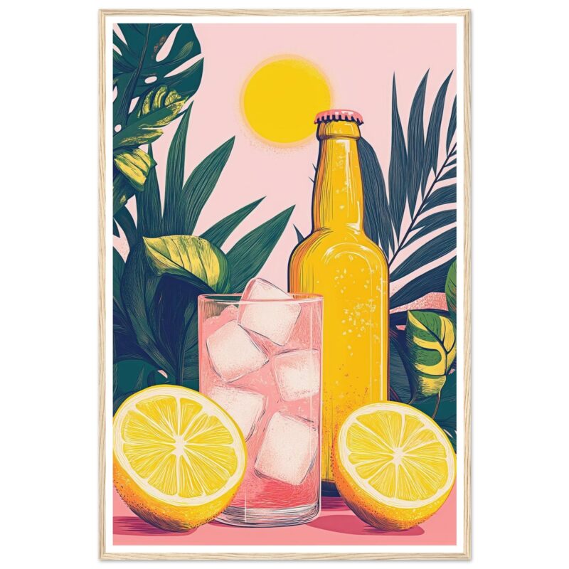 Cerveza con limón y hielo en un vaso, fondo tropical y sol amarillo, arte digital moderno.
