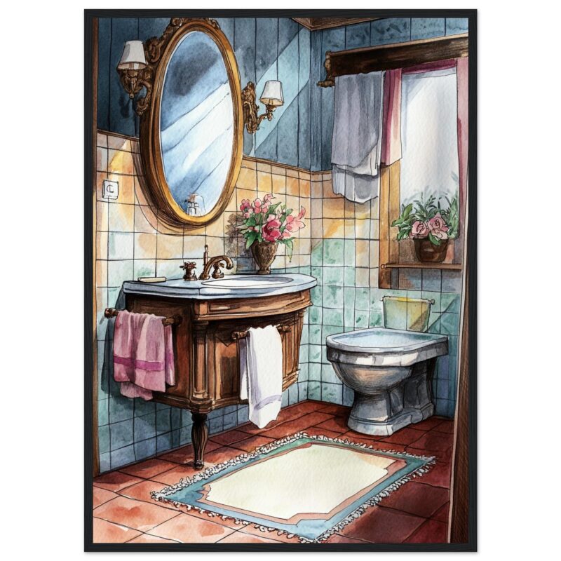 Reflejo de estilo vintage en interiorismo del baño con detalles ornamentales y flores frescas.