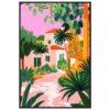Casa colorida rodeada de palmeras y vegetación tropical en un estilo artístico vibrante.