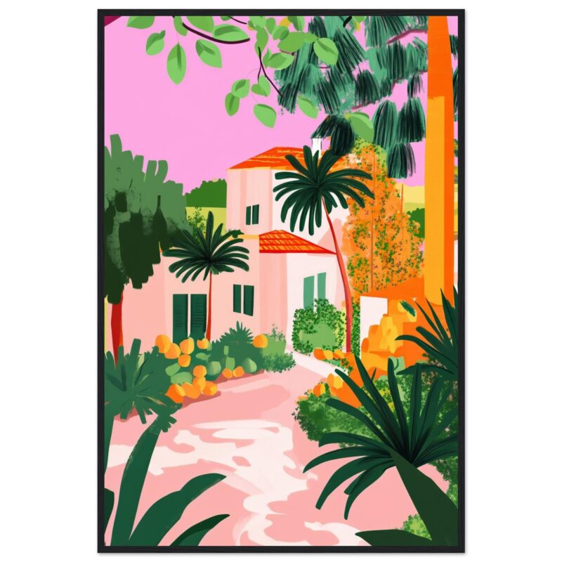 Casa colorida rodeada de palmeras y vegetación tropical en un estilo artístico vibrante.
