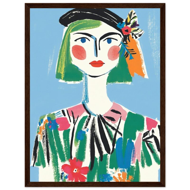 Dibujo de retrato artístico de mujer moderna con colores vibrantes y estilo expresionista.