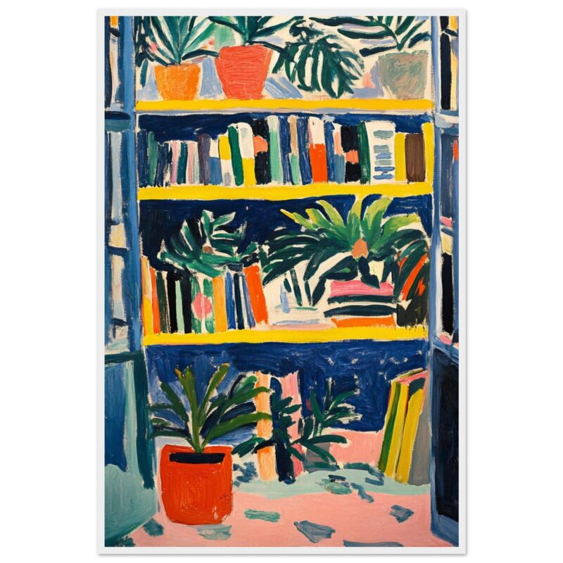Libros y plantas en estantería de estilo modernista, pintura acrílica colorida y vibrante.