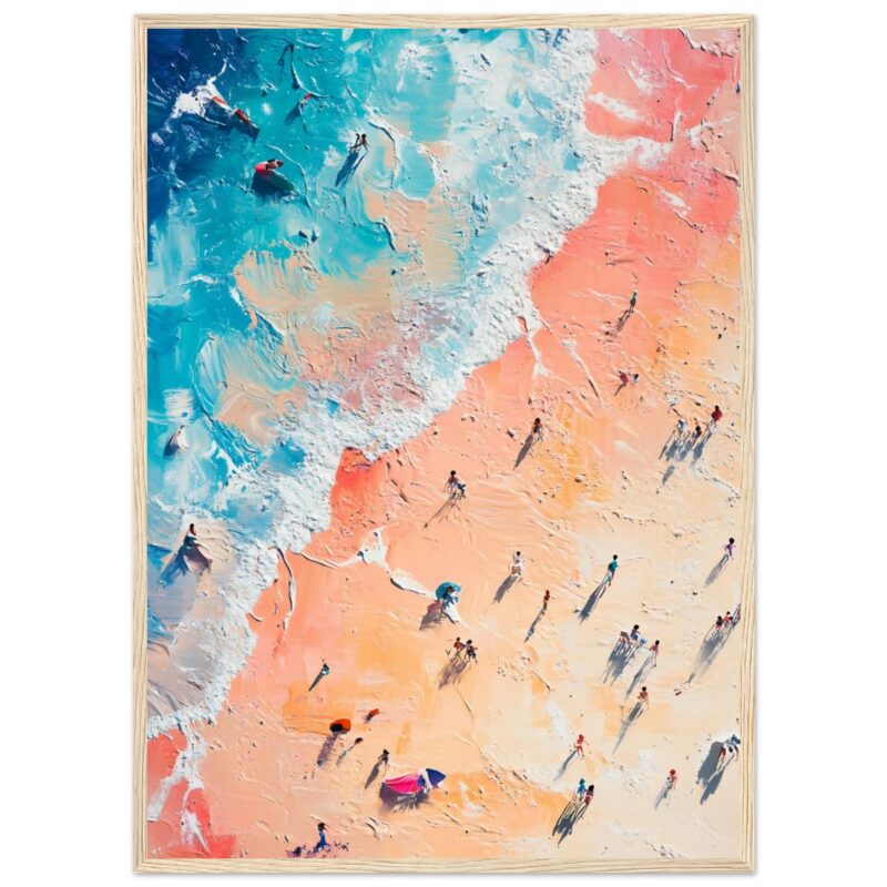 Refugio en la playa de arena con personas disfrutando del mar y el sol. Pintura moderna de playa, vacaciones y paisaje costero.