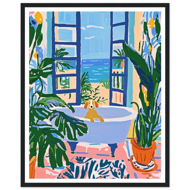 Jardín interior con vista al mar y perro en bañera, estilo pintura moderna, decoración para hogar.