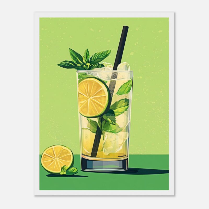 Refresco de limón y menta en vaso alto con hielo y pajilla.