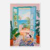 At alt: Ventana azul con vista al mar y plantas en azulejos, estilo pintura acrílica.
