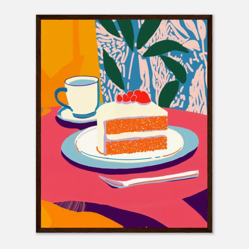 Torta de zanahoria con glaseado y frutos rojos en estilo artístico moderno.