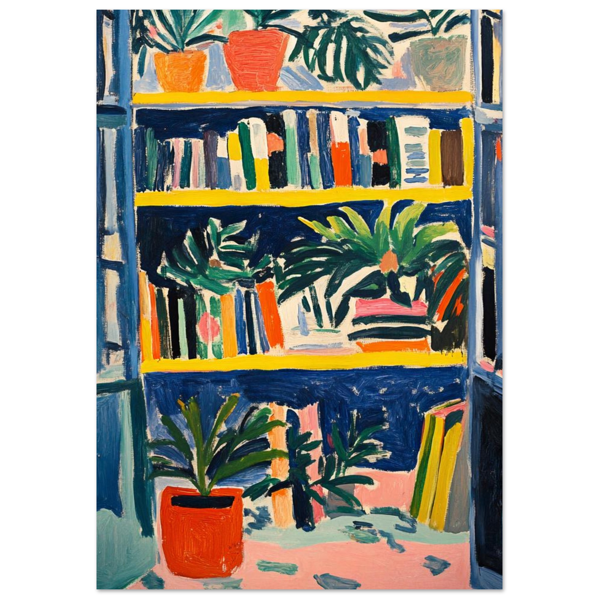 Libros y plantas en estantería con estilo artístico y colorido para decoración moderna y artística.