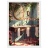 4e02413c-94dc-402b-ad57-4e41c9c05fdc.jpg Espejo vintage en baño con azulejos azules y detalles florales, iluminación natural, ambiente acogedor y decorativo, estilo retro y romántico.