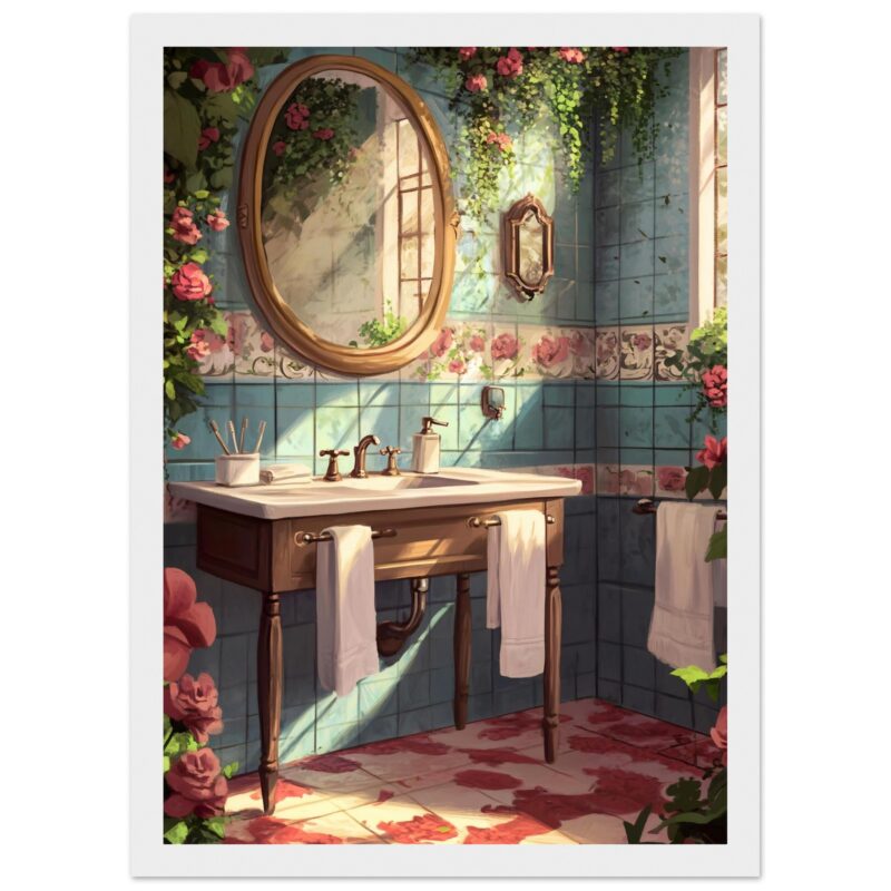 4e02413c-94dc-402b-ad57-4e41c9c05fdc.jpg Espejo vintage en baño con azulejos azules y detalles florales, iluminación natural, ambiente acogedor y decorativo, estilo retro y romántico.