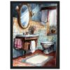 Lavabo y espejo vintage en baño con azulejos azul y detalles florales.