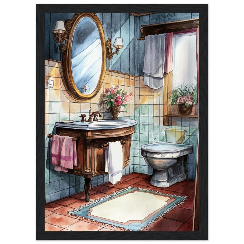 Lavabo y espejo vintage en baño con azulejos azul y detalles florales.